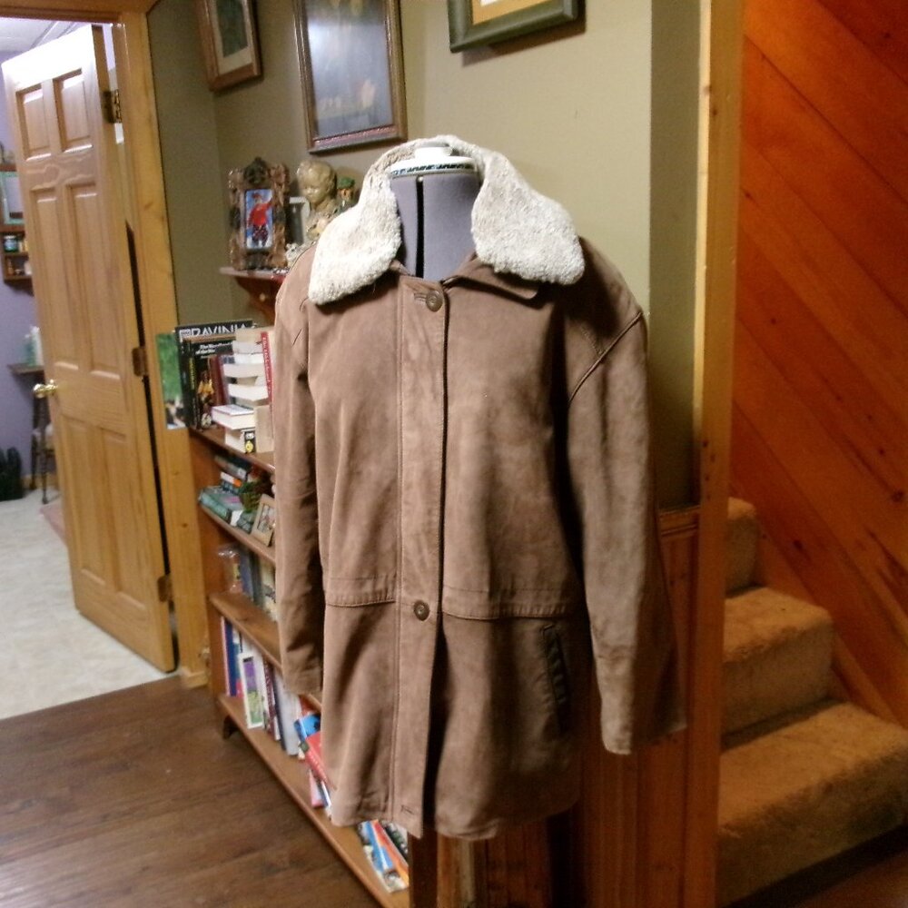 vtg LL Bean ladies Rancher coat Real leather Suede removable real sherpa collar8